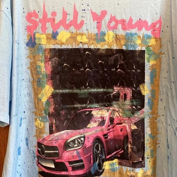 Shein Still Young Graphic Car Print Black T Shirt Mens Size M Blue - Picture 3 of 6